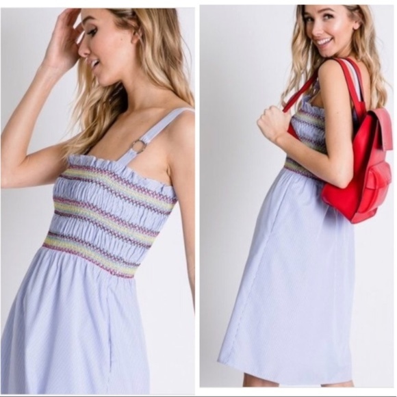 Baby Blue Smocked Striped Midi Dress - Picture 2 of 4
